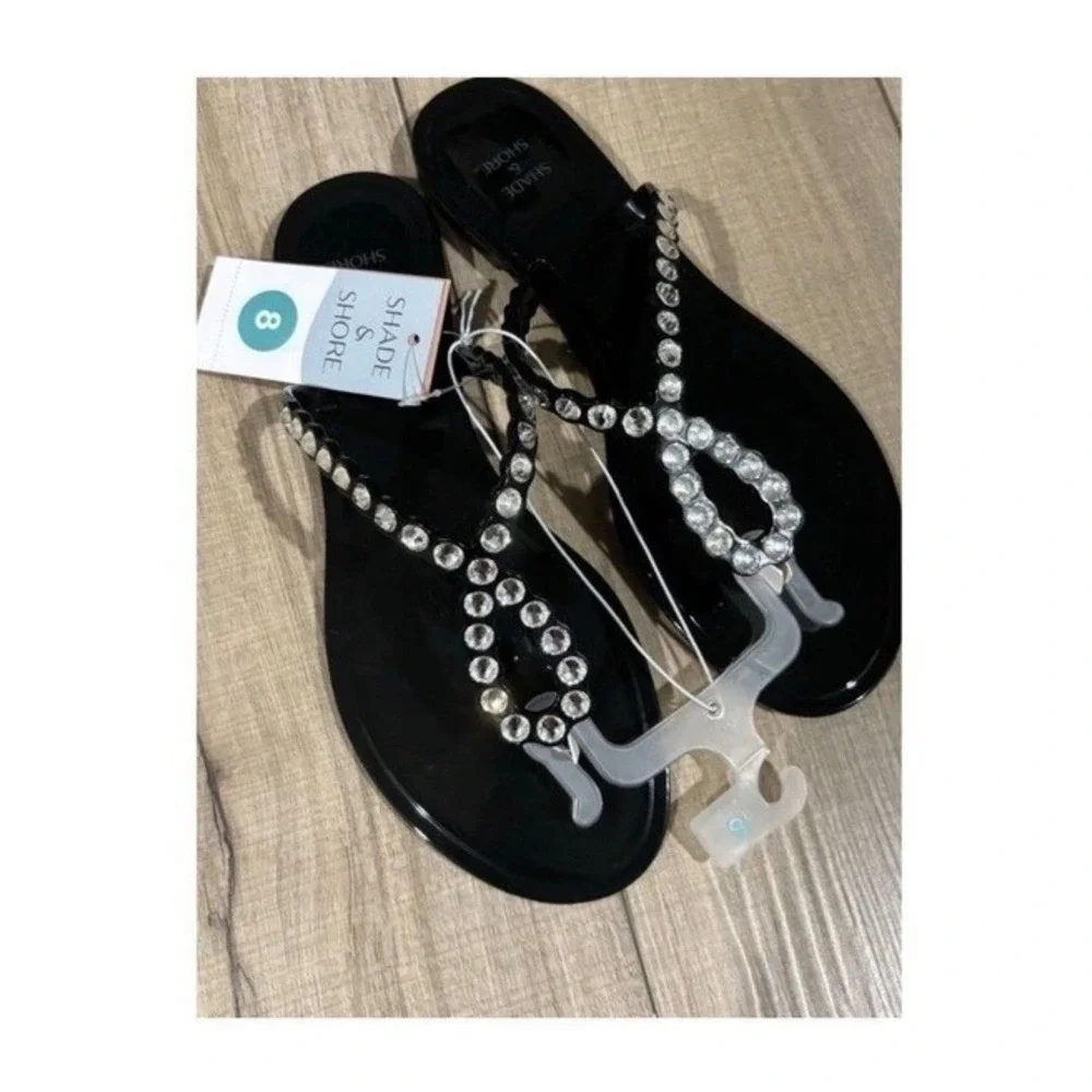 Shade & Shore Rhinestone Jelly Thong Sandals Womens 8 Black Sparkle Straps